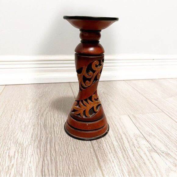Vintage Wooden Hand Carved Floral Design Candle Holder - Picture 1 of 6
